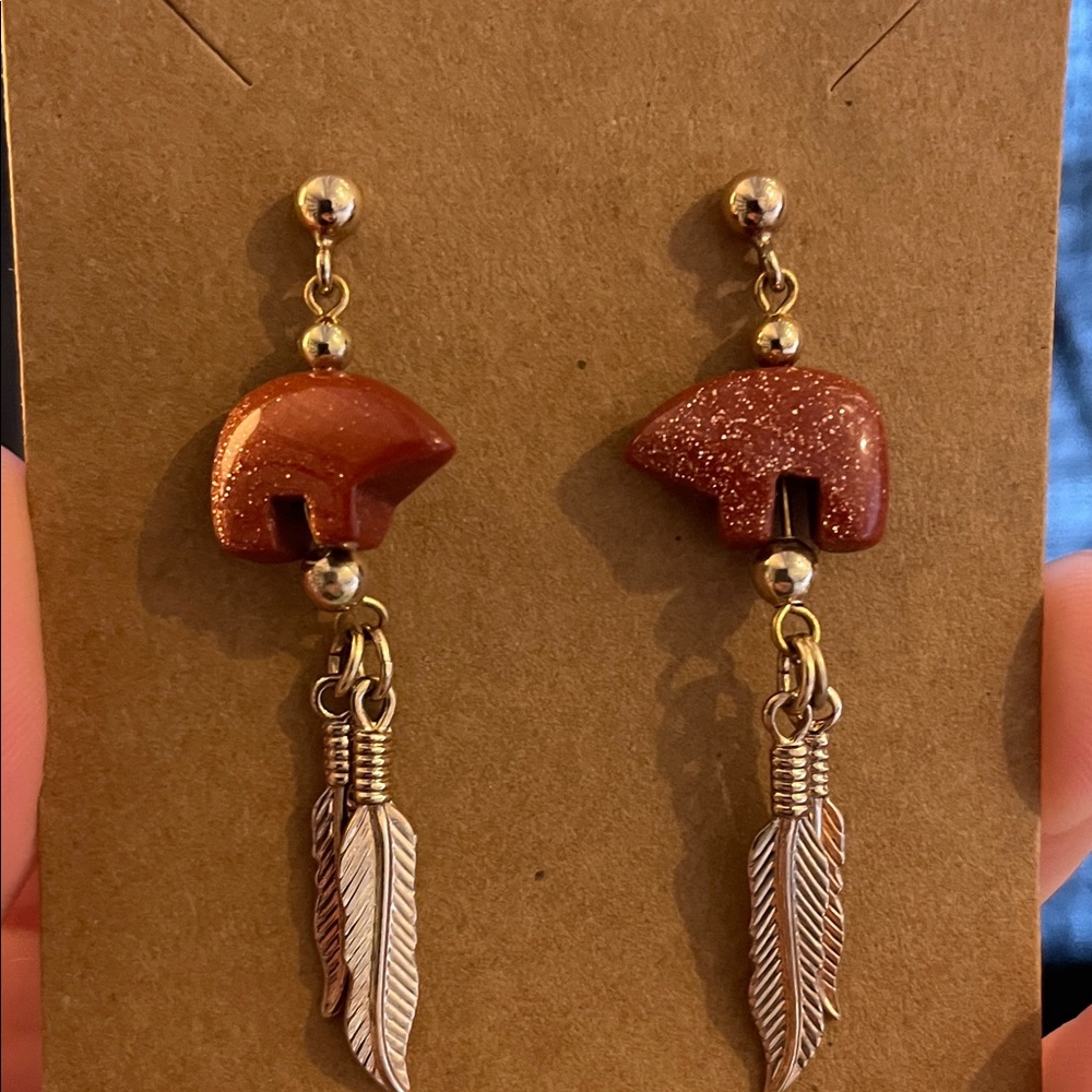Sunstone Bear Earrings with Feather Charms
